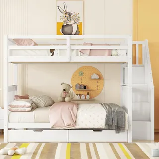 140*200cm Etagenbett, Treppenregal, 2 Schubladen,weiß ,ohne Matratze | Kiefernholz‐MDF‐Etagenbett 140×200 cm EN747‐zertifiziert, hohes Geländer, 2 Schubladen, Treppenregal,