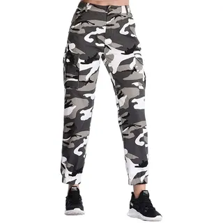 ZODLLS Camouflage-Hose für Damen, Cargohose, Coole Camouflage-Hose, elastische Taille, lässig, mehrere Jogginghosen mit Tasche, Grau, S - S