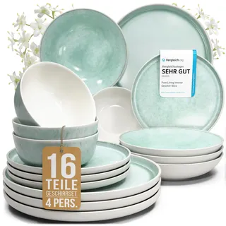 Steingut Geschirrset 4 Personen Ibiza 16 tlg. TESTSIEGER, Traumhaftes Mediterranes Steingut Geschirr Set, Schüssel- und Teller Set, Tafelservice 4 Personen, Geschirrsets Pure Living in Türkis