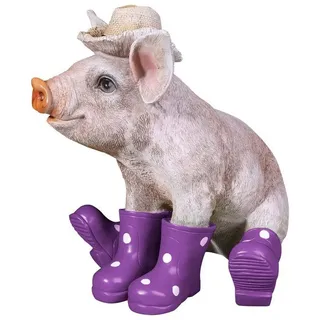 colourliving Tierfigur Deko Schwein Erich mit Hut und Stiefel in lila Schweine Figuren Garten, handbemalt, wetterfest, lebensecht wirkend beige|bunt|lila|rosa|schwarz|weiß