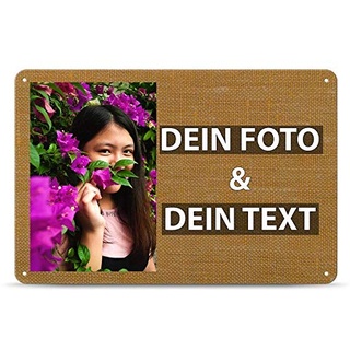 Blech-Schild mit Foto und Text selbst gestalten/Personalisierbar mit eigenem Bild als Metall-Poster / A4 (21x30cm) im Querformat/Stoff 1