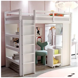 Merax Hochbett mit viel Stauraum unter dem Bett (1-St., Einzelbett Jugendbett) Kiefer Kinderbett 90x200 cm mit Regalen, Kleiderhaken & Rollwagen
