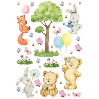 Sanders & Sanders Wandtattoo Wald Mit Waldtieren Multicolor 65 x 42.5 cm, 601345