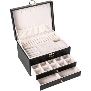 BESTIF Schmuckkästchen Schmuckbox Schmuckkasten Groß Ketten PU Leder Jewellery Box (Schwarz)