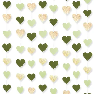 52FT Grün Gold Herz Girlande Glitzer Hochzeit Papier Banner Streamer 4 Stück Hängende Garland Luftschlangen für Verlobung Jahrestag Valentinstag Geburtstage Brautparty Dekoration