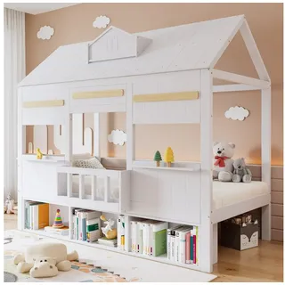 HAUSS SPOLE Kinderbett 90x200 mit Matratze,Einzelbett Hausbett mit Reihe Bücherregal,Weiß (Halbhochbett mit hausförmiges Design für Kinder), Jugendbett mit Stauraum weiß