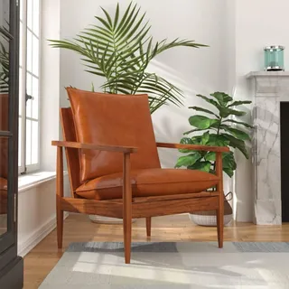 Festnight Retro Sessel Echtleder Lesesessel mit Armlehnen Vintage Loungesessel Armsessel Leder Relaxsessel Einzelsofa Ledersessel Einzelsessel Armchair Schlafzimmer Massivholz Akazie Braun