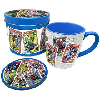 Marvel Comics Geschenkset mit Tasse und Untersetzer in Geschenkdose (Retro Collectors Cards Design) 325ml Keramik Tasse - Offizielles Lizenzprodukt