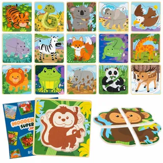 BONNYCO Pack 16 Holzpuzzle mit 4 Teilen als Mitgebsel Kindergeburtstag | Kleine Geschenke von 1 bis 5 Jahren. Ideal Mitbringsel Gastgeschenke und Kinderspielzeug. Puzzle-Spiele mit Vorlage für Babys