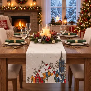 Kamaca Läufer rechteckig Dorf mit Kirche aufwendige Kurbelstickerei Filigrane Stickerei Eyecatcher in Herbst Winter Weihnachten (Tischläufer 40x85 cm)