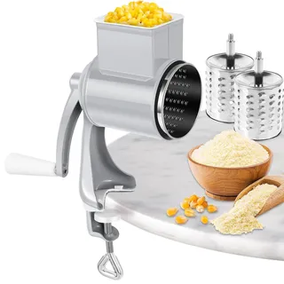 jokapy Manuelle Nussmühle mit 2 abnehmbaren Trommelblättern, Manuelle Erdnussmühle mit Kurbel aus Edelstahl, Nussmühle, Mandelmühle, für Mais, Gewürze, Käse, Gurken, Karotten(Weiß)