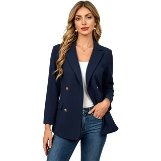 KoJooin Blazer Damen-Blazerjacke, zweireihig, 3/4-Ärmel, lang geschnitten, mit Taschen navy 44