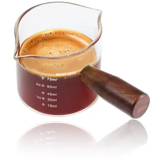 Handgefertigtes Espresso-Schnapsglas, Doppelausgießer, 100 ml, mit amerikanischem Walnuss-Griff, Espresso-Messbecher, Doppelauslauf-Glas-Messbecher, Milchaufschäumkrug