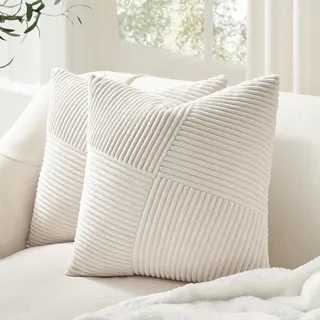 45 X 45 Cm Großer, Superweicher Cord-kissenbezug, Cremeweiß, Mit Patchwork-streifenmuster, Sofakissenbezug, Wohnaccessoire Für Wohn- Oder Schlafzimmer, 2er-set
