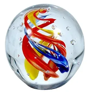 Traumkugel 242 (9-10cm) klar, orange, gelb, blauer Wirbel - Glaskugel, Briefbeschwerer