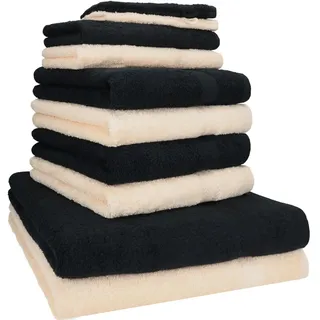 Betz 10-TLG. Handtuch-Set Premium 100% Baumwolle 2 Duschtücher 4 Handtücher 2 Gästetücher 2 Waschhandschuhe Farbe Schwarz & Beige