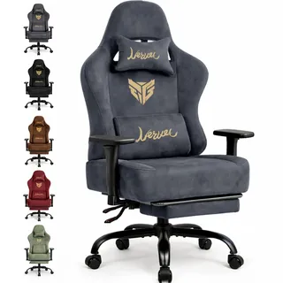 Gaming Stuhl Chair Gamer Sessel-Stoff Wildlederimitat Gamer Stuhl mit Fußstütze Lendenkissen Kopfstütze Höhenverstellbar 3D Armlehnen mit Mehrfach Verstellbaren Armen Gamingstuhl 200 Kg Grau