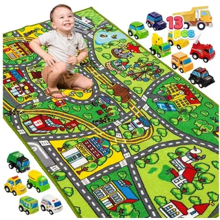 JOYIN Kinderteppich JOYIN Teppich Kinderzimmer 80x150cm mit 12 Mini Auto Spielzeug