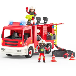 Coroiesty Feuerwehrauto Spielzeug ab 4 Jahre, Große Feuerwehrwagen mit 2 Feuerwehrleuten & Werkzeug, Licht & Sirene, pädagogisches Rettungsfahrzeug für Kinder Jungen Mädchen