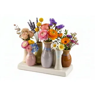WestCraft Dekovase Handgefertigte kleine Keramik Deko Blumenvasen Set aus 7 Vasen in cozy (1 St), & weiß, dekorative Keramikvasen auf festem Sockel, hübsche Mini Vase bunt 20 cm x 10 cm x 7 cm