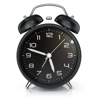 BEARWARE Wecker Analog, rund, mit Licht, Retro, lauter Glockenalarm für Tiefschläfer Einfache Bedienung, weiße Tafel, Beleuchtet, ohne Ticken, Vintage schwarz