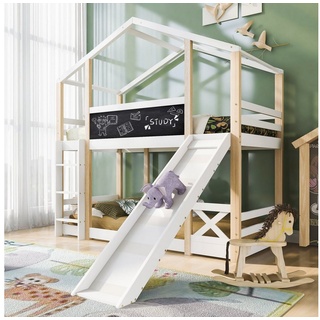 REDOM Etagenbett Kinderbett Baumhaus (Hochbett für Kinder– 2x Lattenrost- Natur & Weiß, mit Rutsche & Leiter 90 x 200 cm), Sicherer zur Schlafebene