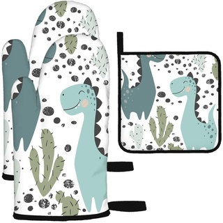 Dino Hitzebeständige Ofenhandschuhe Topflappen Aquarell Dinosaurier Kaktus Exotische Tropenpflanzen Punkte Lustiges Tier für Küche Set Ofenhandschuhe zum Grillen Kochen Backen Grillen