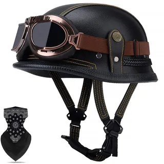 Labzaa Deutsche Leder Motorrad Halbhelme mit ECE, Retro Moped Helm Chopper Halbschalenhelm JetHelm mit Brille Sonnenblende und Schnellverschlussschnallen für Cruiser Chopper Biker Moped K XXXL