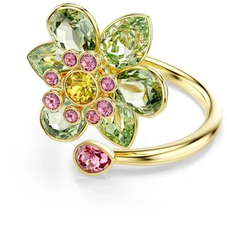 Swarovski Idyllia Offener Ring, Grüner, Vergoldeter Ring mit Blumen-Motiv, Verschiedenen Formen und Schattierungen sowie Kristallen in Grün, Pink und Gelb, Größe: 50