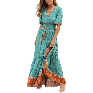R.Vivimos Damen Sommer Boho V-Ausschnitt Button Up Kurzarm böhmischen Print Rüsche Rand Strand Stil Lange Maxi Kleid Berufungskleid (Grün, M) - M