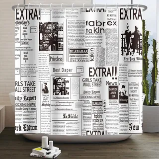 Kzzfqxb 180x200cm Duschvorhänge mit Kunstst Offhaken, Retro Jahrgang Alte Zeitung Zeitschrift Muster Wasserdicht Polyester Gewebe für Badewanne, Einfaches Schwarz und Weiß Dekoration für Badezimmer