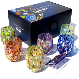 MAZZEGA ART & DESIGN - 6 Wassergläser aus Glas, mundgeblasen und handgearbeitet mit raffinierten und originellen Muranomurrinen - Die Farben von Murano - Modell Colombina 435 ml Made in Italy (6,