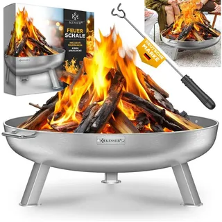 KESSER Feuerschale Feuertonne mit 2,5mm Stahldicke Feuerstelle, (Feuerkorb inklusive Feuerhaken + Wasserablauf), Feuerstelle massives Gusseisen 2 stabile Griffe grau Ø 70 cm
