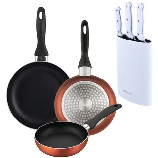 BERGNER - Set aus 3 Pfannen Ø16/20/24cm aus gepresstem Aluminium in metallic-copper mit 3-teiliges Messer-Set mit Messerblock aus Edelstahl