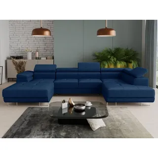 Wohnlandschaft Caris U mit Schlaffunktion und einstellbare Kopfstützen, Ecksofa mit zwei Bettkästen, Couch, Sofa, Bettsofa (Blau (Kronos 09), Eck... - Dunkelblau