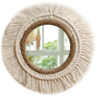 PAEFIU Wandbehang Dekorativer Spiegel, Boho Makramee Wandspiegel, Quaste Spiegel Wandbehang, Handgefertigte Wandspiegel Runder, für Wohnung, Haus, Schlafzimmer, Wohnzimmer, Badezimmer, Flur (S)