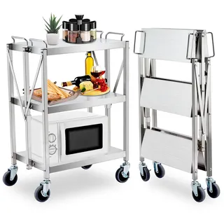 GarveeHome Edelstahl Servierwagen 3 Etagen, Faltbar Küchenwagen mit 4 Rollen, Lebensmittel Zubereitungstisch bis 200kg mit Bremsen, Rollwagen Metall Teewagen, Weinwagen, Getränkewagen 64x40x96cm