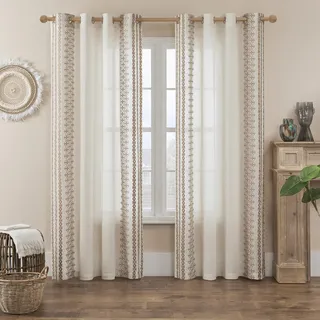 SEEKRIGHT Böhmische Klassische Leinen-Vorhänge, Boho bestickte transparente Vorhänge für Küche 84 Zoll Länge mit Baumwollfaden, natürliche Blumen Flachs Wohnzimmer, Set 2 Paneele