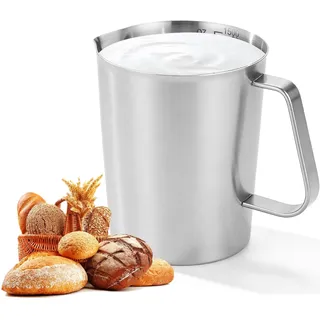 1.5L Edelstahl Messbecher 304 Edelstahl mit Feinskala BPA Frei 15.3cm, Messbecher Metall Mit Griff, Milchkännchen für Zuhause Küche Restaurant Bar Teeladen Café Treffpunkt