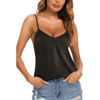 VIDUSSA Damen Satin Cami Tank Top Seidentop Shirt Ärmellose V-Ausschnitt Blusen Spaghetti Oberteile Schwarz M - M