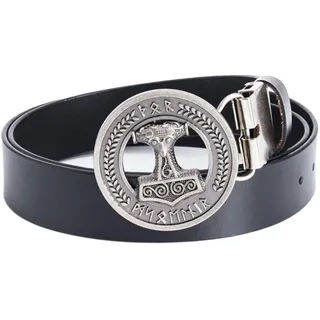 JIARY Herren Gürtel Thor-Hammer-Schnalle, Gürtel Herren Western Cowboy, Ledergürtel mit Wikinger-Thorshammer-Muster Runder Legierungsschnalle Vintage-Gürtel,Black a,105CM/41.3''
