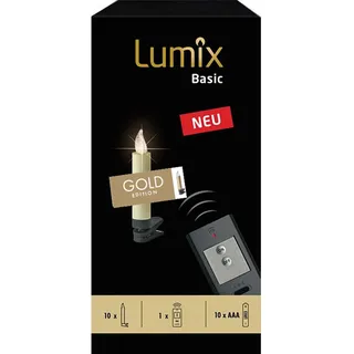Lumix® Basic kabellose LED Christbaumkerzen von Krinner Weihnachtsbaumkerzen Tannebaumbeleuchtung warmweiß 10er-Set inkl. ON/OFF Fernbedienung (Gold)