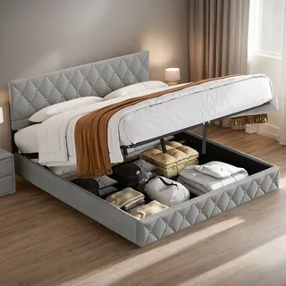 okwish Boxspringbett Polsterbett 180 x 200 cm mit Kopfteil in Knopfnahtverzierung, Hydraulisches Stauraumbett mit Bettkasten Stauraum, Doppelbett J... - Hellgrau