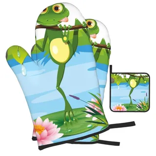Mexpekil Ofenhandschuhe und Topflappen, Set mit 3 lustigen Frosch-Tier-Lotus-Ofenhandschuhen, hitzebeständig, rutschfest, 1 Paar Ofenhandschuhe, 1 Topflappen-Pad zum Backen, Grillen, Grillen, Kochen,