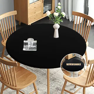 Obstal Passgenaue runde Tischdecke, wendbar, wasserdicht, schmutzabweisend, elastisch, Stretch-Tischdecke, passend für runde Tische mit einem Durchmesser von bis zu 101.6 cm – 111.8 cm, schwarz