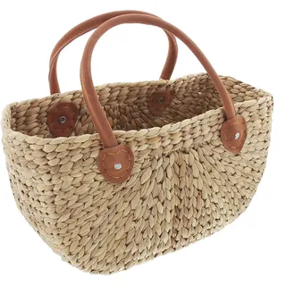 FRANK FLECHTWAREN Korbtasche mit Ledergriff, Wasserhyazinthe, 38x20x22 cm, Echtes Leder, Einkaufstasche Strandtasche Boho