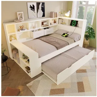MODFU Stauraumbett Funktionelles Doppelbett mit Ausziehfunktion, Weiß (Holzbett, Funktionsbett, 2-tlg., Optimale Raumnutzung als Jugendbett oder Gästebett,90x200 cm), aus Holz mit Stauraum und Ladeanschlüssen(mit Matratze) weiß 116 cm x 244 cm x 90 cm