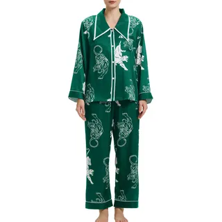 Muwodkdn Satin Damen Schlafanzug mit Knopfleiste Langarm Nachtwäsche Weicher Satin Tiger Print Seiden Pyjamas Set Nachtwäsche Hausanzug PJs Dunkelgrün L - L