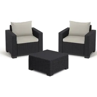 ALLIBERT California Lounge Set 3-teilig – Anthrazit Sessel mit Tisch und Kissen in Sand | Wetterfeste Gartenmöbel