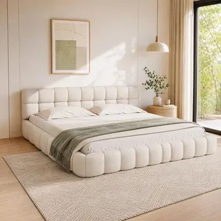 INONEFT Bubble Bett 160x200, Polsterbett mit Lattenrost, Doppelbett Jugendbett Bettgestell mit Gepolstertes Kopfteil, Leinenstoff ,Beige - Beige